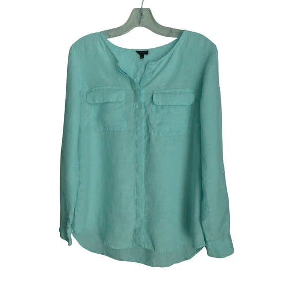 Talbots Tops - Talbots Womens Aqua 100% Linen Button Shirt Roll Sleeve Blouse S Summer Beach